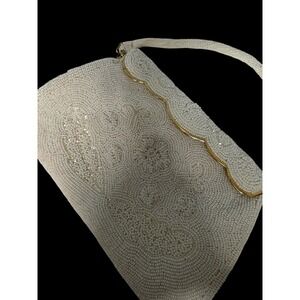Vintage Micheri Beaded Clutch Purse Cream Floral Hand Made in Japan Evening Bag